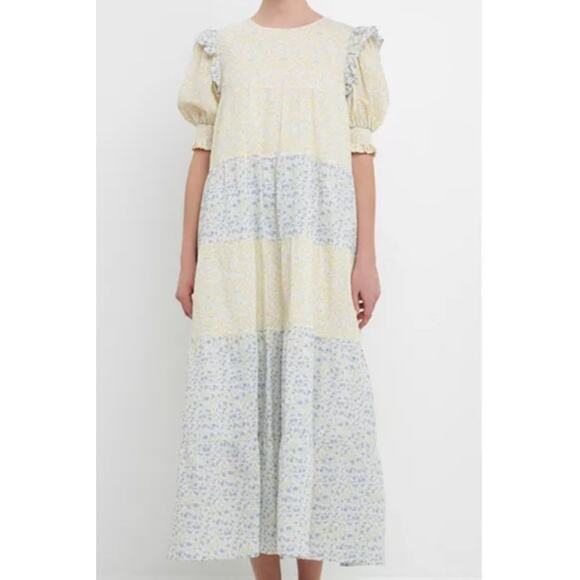 English Factory Dresses & Skirts - English Factory XS Tiered Floral Color Block Peasant Cottagecore MIDI Dress